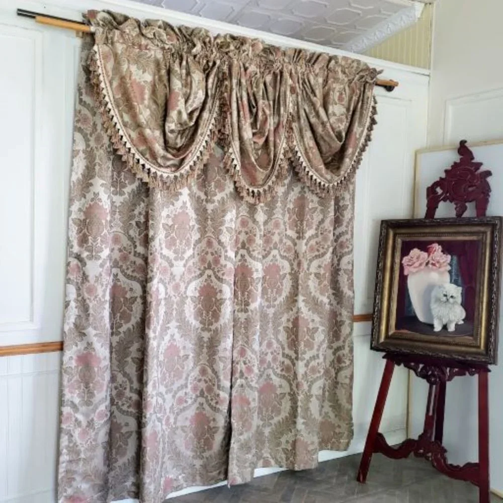 JC Penney Drapes Waterfall Valances 100Wx85L Tan Floral Jacquard Lined Vtg 7pcs